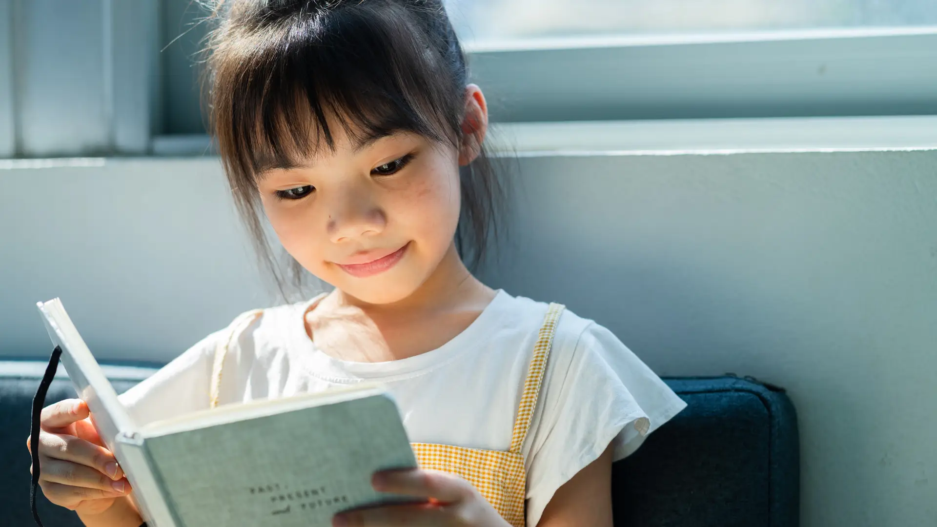 young girl sitting by a window reading a book