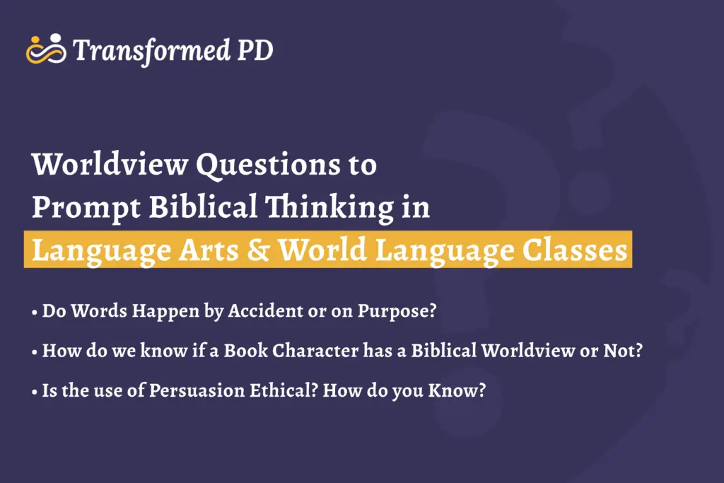 A graphic that lists worldview questions for biblical integration in language arts. Purple background with white lettering